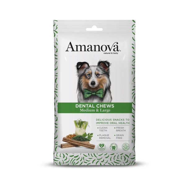 amanova dental chews, tandpleje hund tyggeben, kornfri tyggeben hund, dental sticks hund, tandrens hund snack, naturlig tandpleje hund, tyggeben store hunde, amanova tandpleje, plak tandsten hund