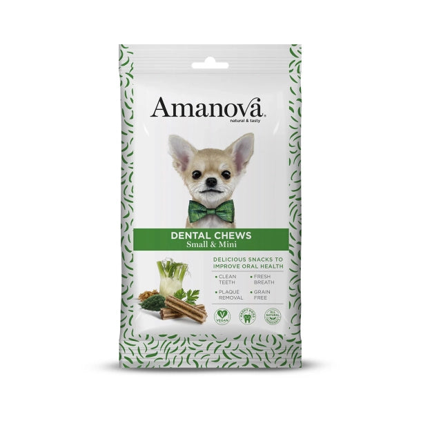 Amanova dental chews, tandpleje hund, små hunde tyggeben, kornfri hundesnacks, plak og tandsten hund, naturlig hundesnack