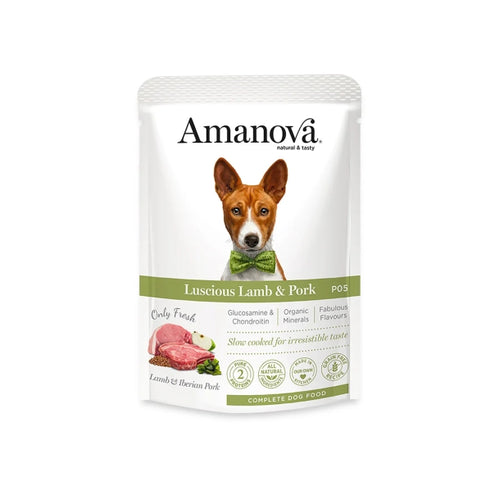 amanova lam gris, vådfoder hund kornfrit, hundefoder lam gris, premium vådfoder hund, naturligt hundefoder, kornfri hundemad, vådfoder med lam, hundefoder med glucosamin, amanova voksen hund