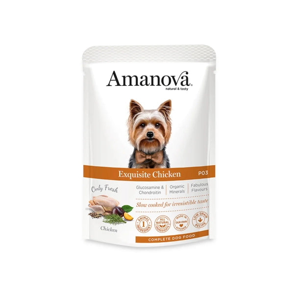 amanova kylling vådfoder, vådfoder hund kornfrit, hundefoder kylling, premium vådfoder hund, naturligt hundefoder, kornfri hundemad, vådfoder topping hund, amanova voksen hund, hundefoder med glucosamin