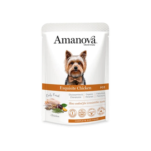 amanova kylling vådfoder, vådfoder hund kornfrit, hundefoder kylling, premium vådfoder hund, naturligt hundefoder, kornfri hundemad, vådfoder topping hund, amanova voksen hund, hundefoder med glucosamin
