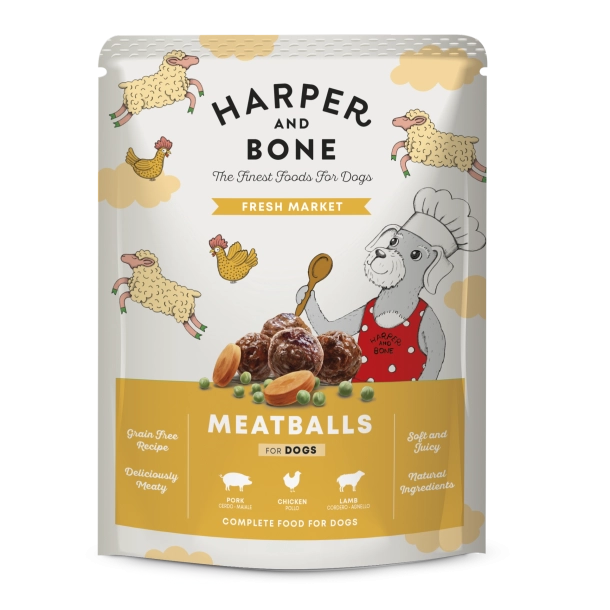 Harper and Bone meatballs, kornfri hundefoder, vådfoder hund, måltidskødboller hund, naturligt hundefoder, fuldfoder hund