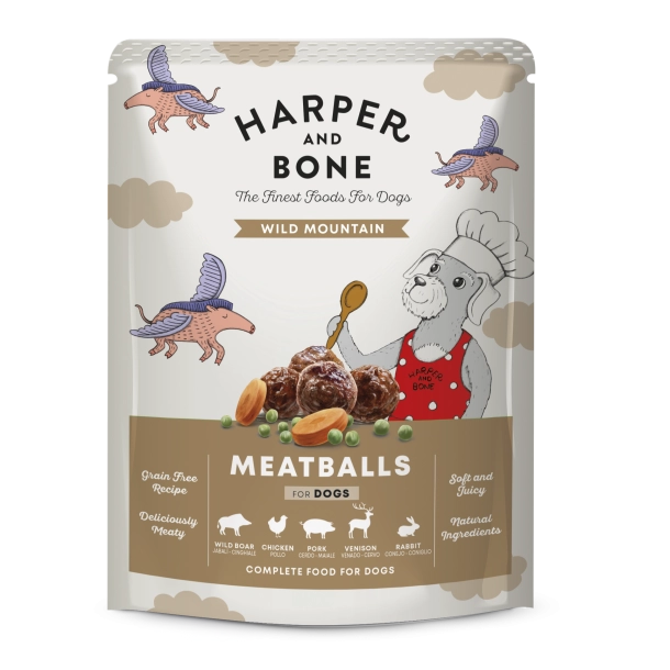 Harper and Bone meatballs, kornfri hundefoder, vådfoder hund, naturligt hundefoder, måltidskødboller hund, variation hundefoder